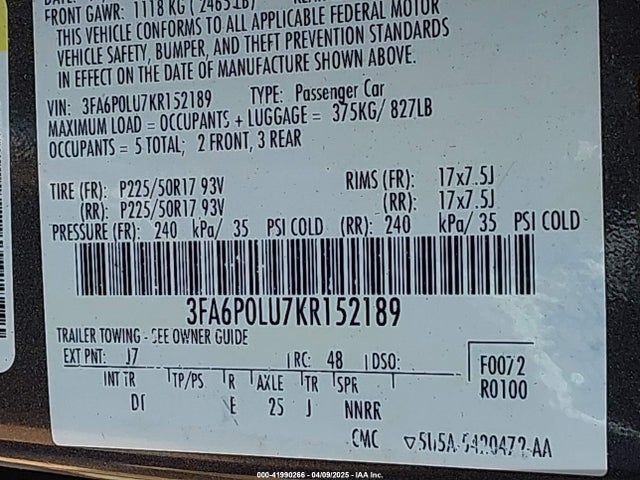 Ford Fusion Hybrid Se 2019 3FA6P0LU7KR152189 Image 9