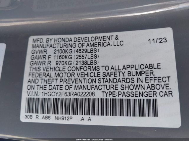2024 HONDA ACCORD 1HGCY2F63RA022208 Photo 8