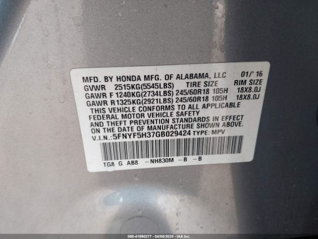 5FNYF5H37GB029424 Honda Pilot Ex