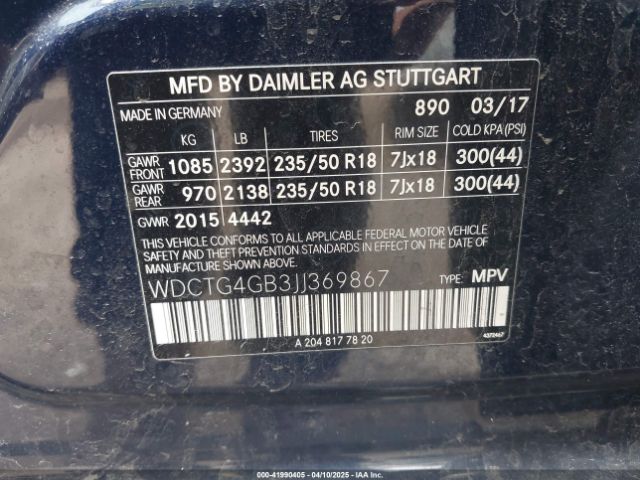 WDCTG4GB3JJ369867 Mercedes-Benz Gla 250 4matic