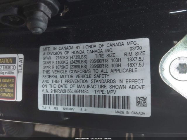 2HKRW2H56LH641484 Honda Cr-v Awd Ex