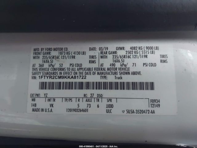 1FTYR2CM9KKA81722 Ford Transit-250