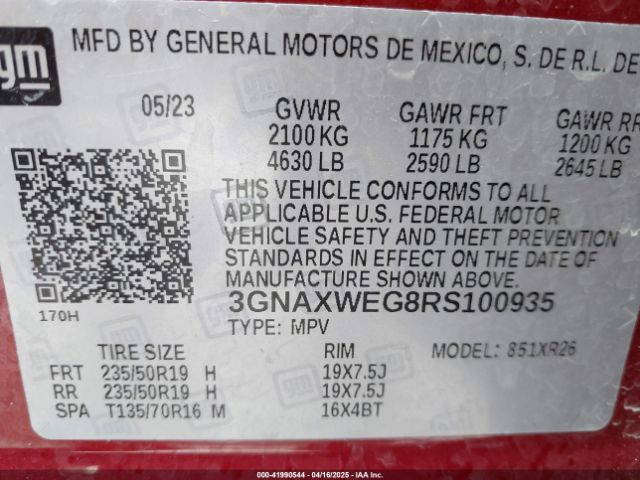 3GNAXWEG8RS100935 Chevrolet Equinox Awd Rs