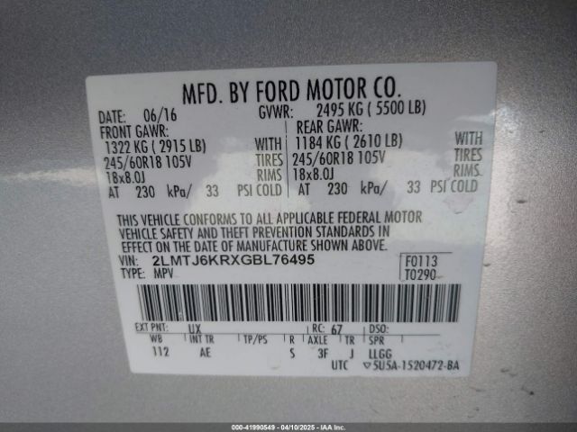 2LMTJ6KRXGBL76495 Lincoln Mkx Select
