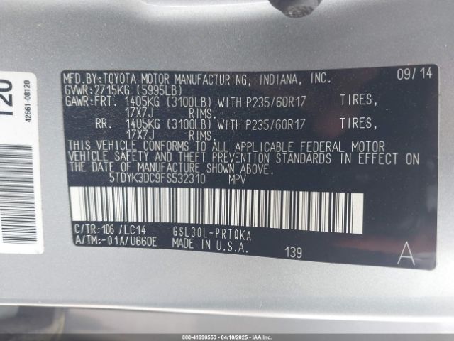 5TDYK3DC9FS532310 Toyota Sienna Xle 8 Passenger