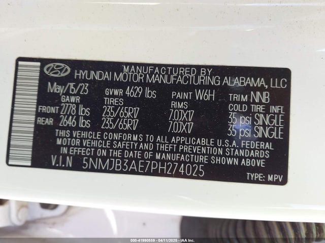 5NMJB3AE7PH274025 Hyundai gdi theta iii