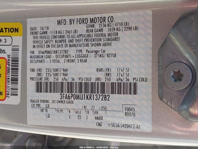 2019 FORD FUSION HYBRID 3FA6P0MU1KR137282 Photo 8