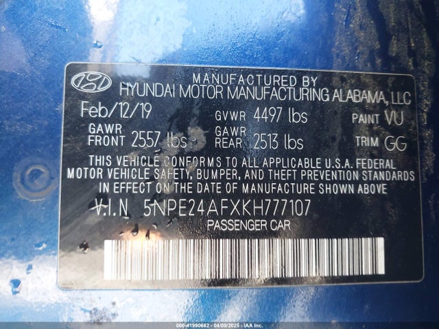 5NPE24AFXKH777107 Hyundai SONATA SE