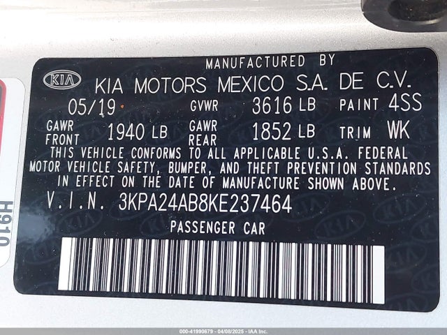 3KPA24AB8KE237464 KIA RIO LX