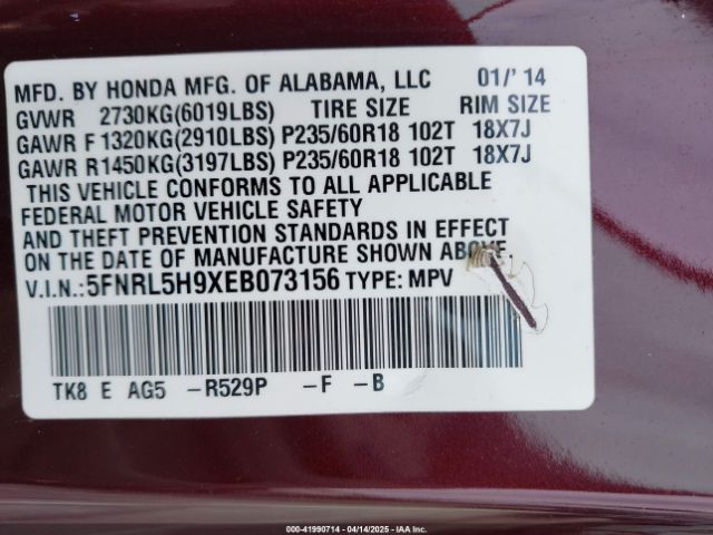 5FNRL5H9XEB073156 Honda Odyssey Touring/touring Elite