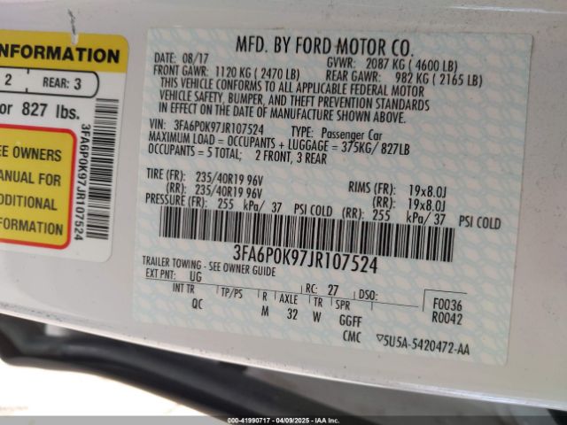 3FA6P0K97JR107524 Ford Fusion Platinum