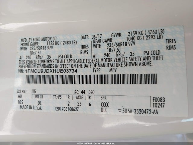 1FMCU9JDXHUE03734 Ford Escape Titanium