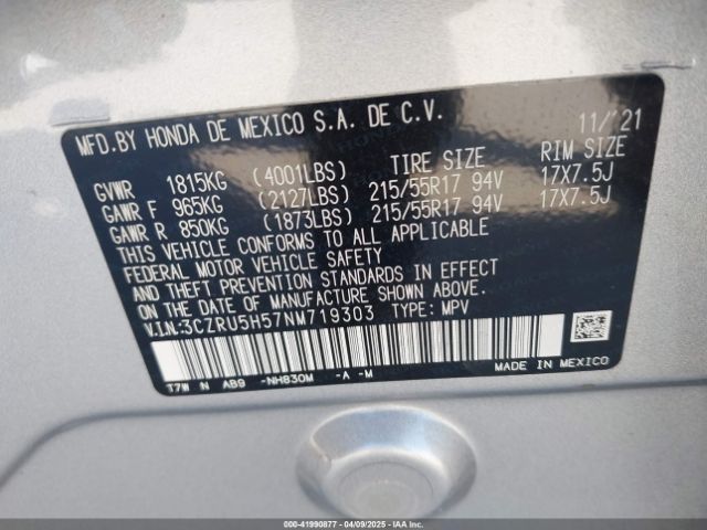 3CZRU5H57NM719303 Honda Hr-v 2wd Ex
