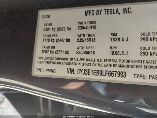 5YJ3E1EB9LF667993 Tesla Model 3 Long Range Dual Motor All-wheel Drive