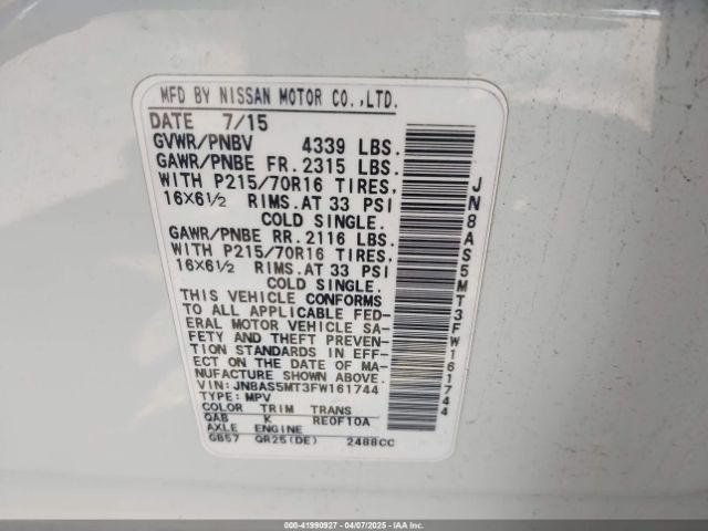 JN8AS5MT3FW161744 Nissan Rogue Select S