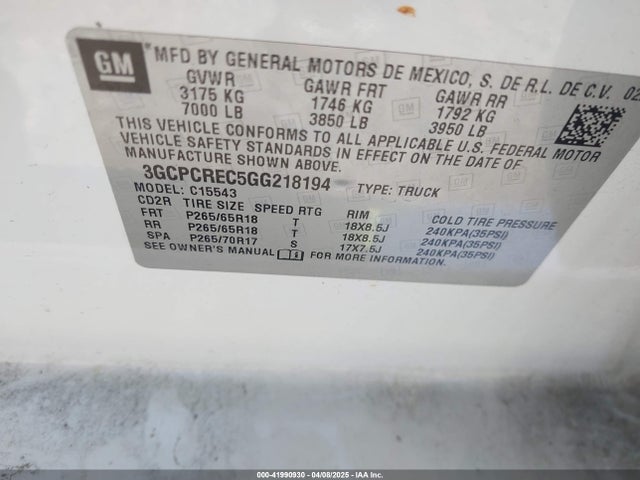 3GCPCREC5GG218194 Chevrolet Silverado 1500 1lt