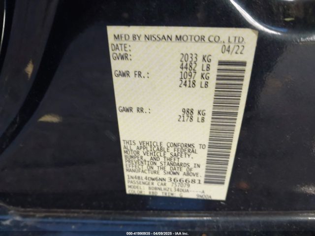 1N4BL4DW6NN366681 Nissan Altima Sv Intelligent Awd