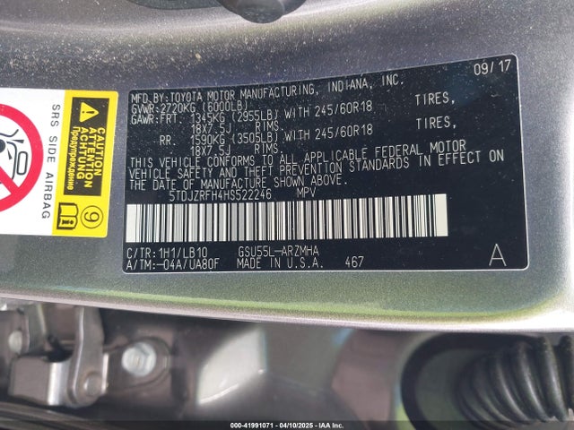 5TDJZRFH4HS522246 Toyota Highlander Xle
