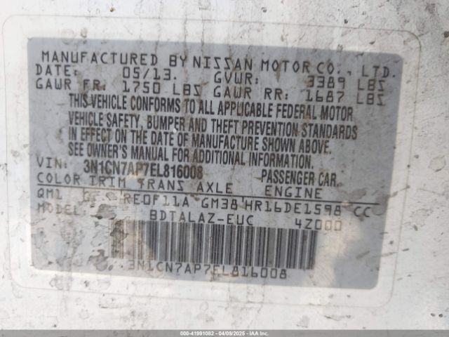 3N1CN7AP7EL816008 Nissan Versa 1.6 S+