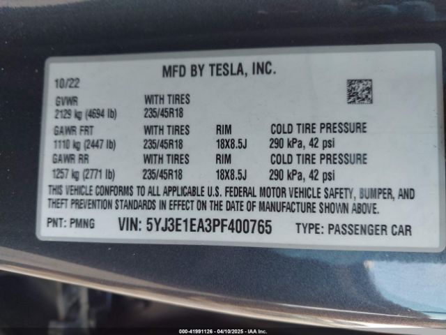 5YJ3E1EA3PF400765 Tesla Model 3 Rear-wheel Drive