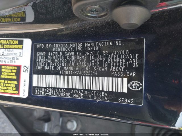 4T1B11HK7JU622814 Toyota CAMRY SE