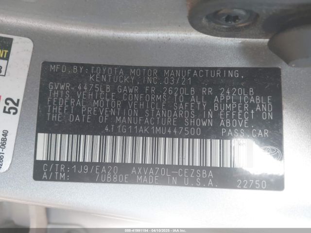 2021 TOYOTA CAMRY 4T1G11AK1MU447500 Photo 8