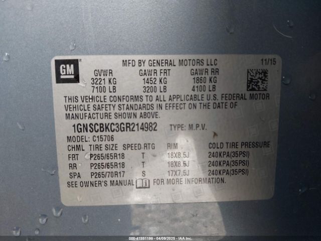1GNSCBKC3GR214982 Chevrolet Tahoe Lt