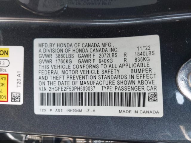 2HGFE2F50PH509037 Honda Civic Sport