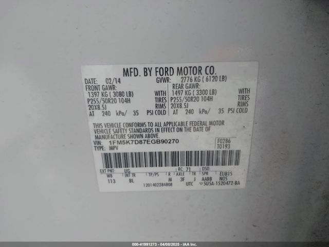 1FM5K7D87EGB90270 Ford EXPLORER XLT