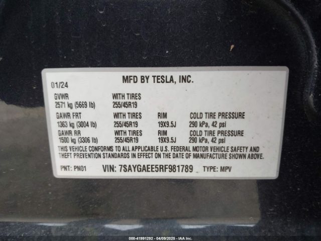 7SAYGAEE5RF981789 Tesla Model Y Long Range Dual Motor All-wheel Drive