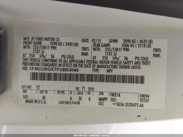 Ford ESCAPE SE 2015 1FMCU0GX7FUB63049 Image 9