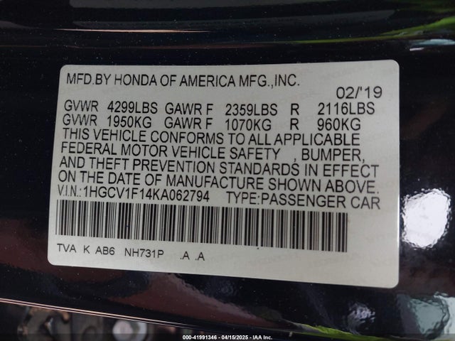 1HGCV1F14KA062794 Honda ACCORD LX