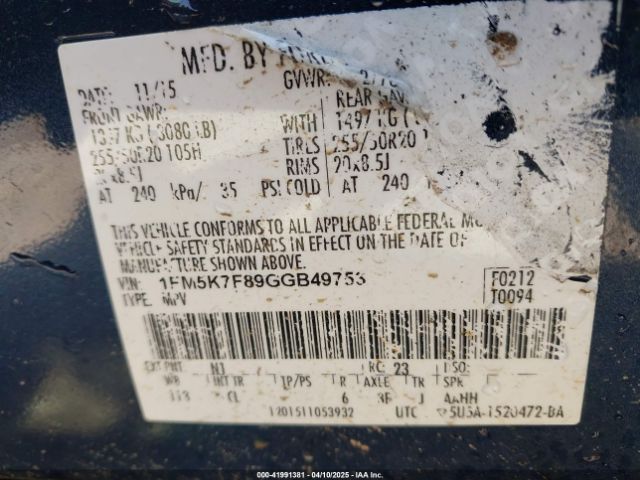 1FM5K7F89GGB49753 Ford Explorer Limited