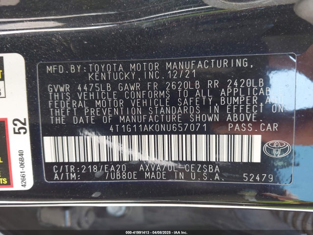 4T1G11AK0NU657071 Toyota CAMRY SE
