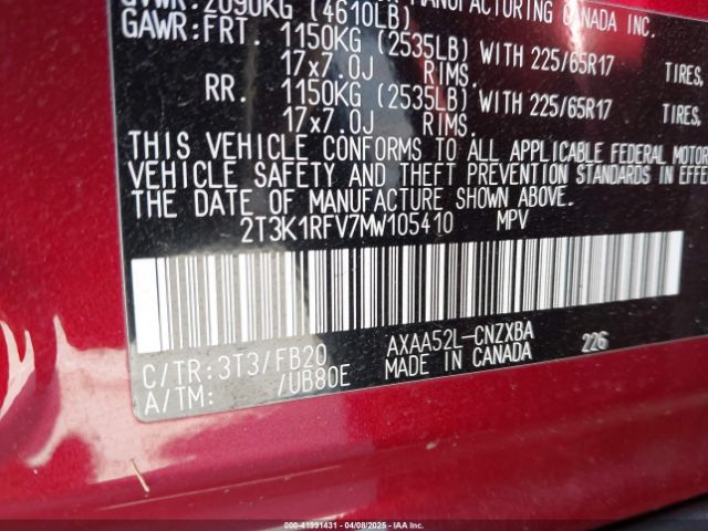 2T3K1RFV7MW105410 Toyota RAV4 LE