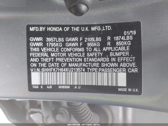 SHHFK7H64KU213574 Honda CIVIC EX