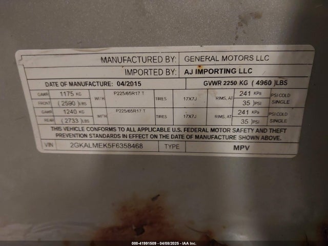 2015 Gmc Terrain Sle-1 მანქანა იყიდება აუქციონზე, vin: 2GKALMEK5F6358468, აუქციონის ნომერი: 41991509