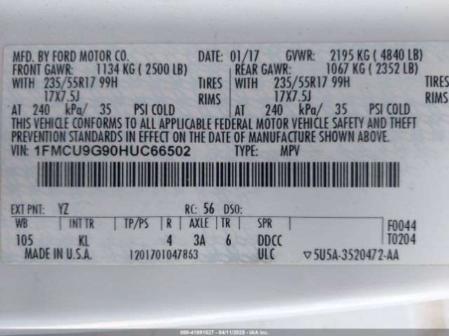 1FMCU9G90HUC66502 Ford ESCAPE SE