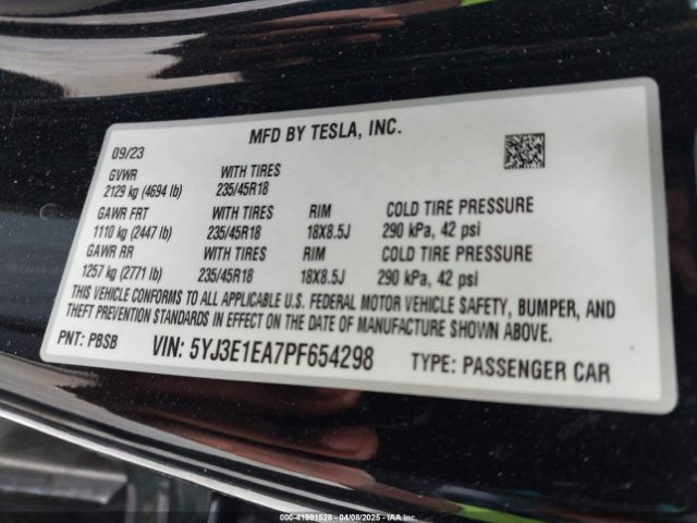 5YJ3E1EA7PF654298 Tesla Model 3 Rear-wheel Drive