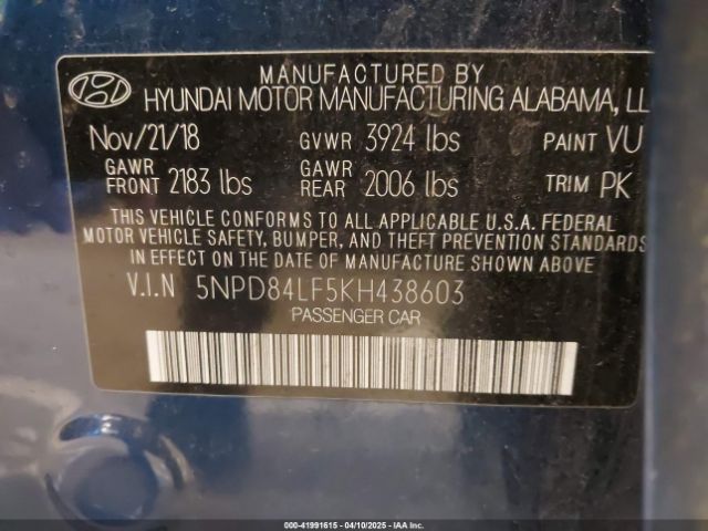 5NPD84LF5KH438603 Hyundai ELANTRA SEL