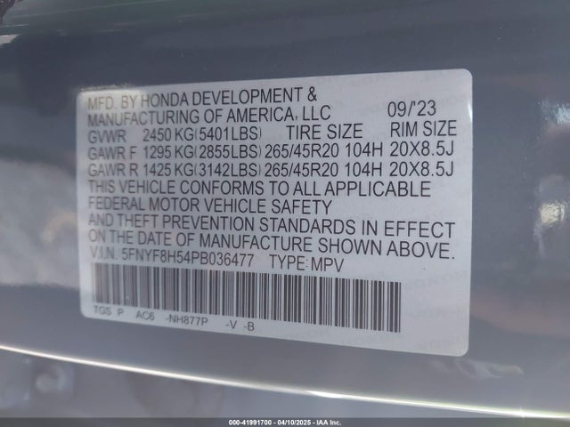 5FNYF8H54PB036477 Honda Passport Awd Ex-l