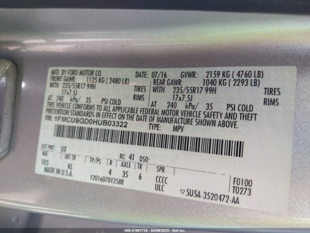 1FMCU9GD0HUB03322 Ford ESCAPE SE