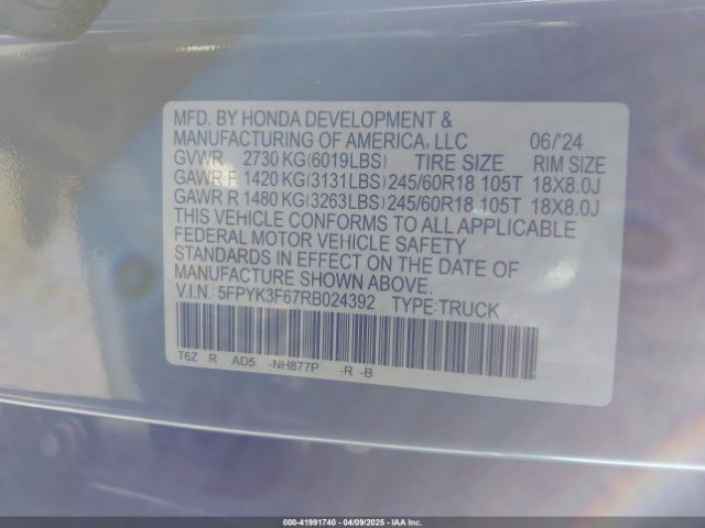 5FPYK3F67RB024392 Honda Ridgeline Trailsport