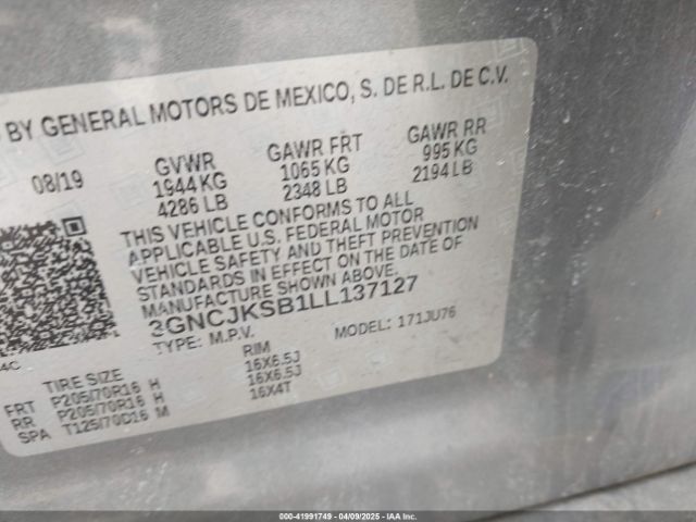 3GNCJKSB1LL137127 Chevrolet Trax Fwd Ls