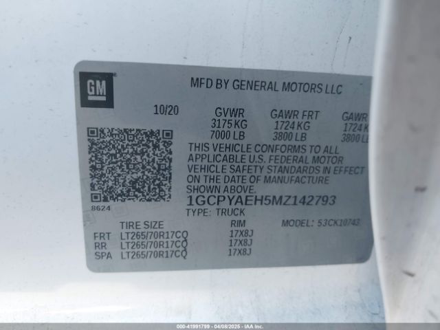 1GCPYAEH5MZ142793 Chevrolet Silverado 1500 4wd  Standard Bed Wt