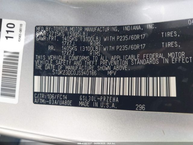 5TDKZ3DC0JS940186 Toyota Sienna Le 8 Passenger