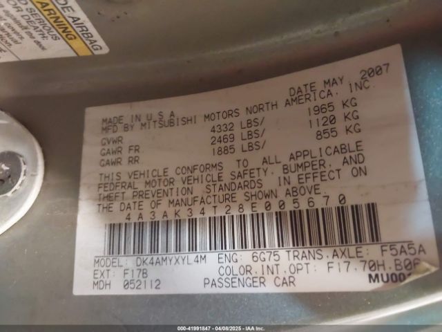 2008 MITSUBISHI ECLIPSE 4A3AK34T28E005670 Photo 8