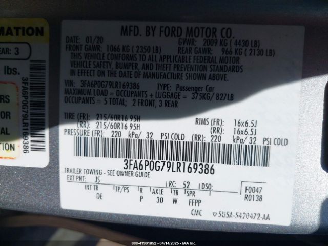 3FA6P0G79LR169386 Ford FUSION S