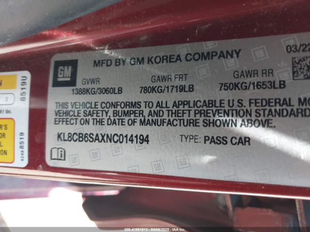 KL8CB6SAXNC014194 Chevrolet Spark Fwd Ls Automatic