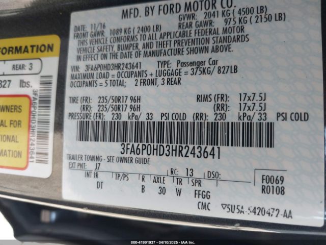 3FA6P0HD3HR243641 Ford FUSION SE